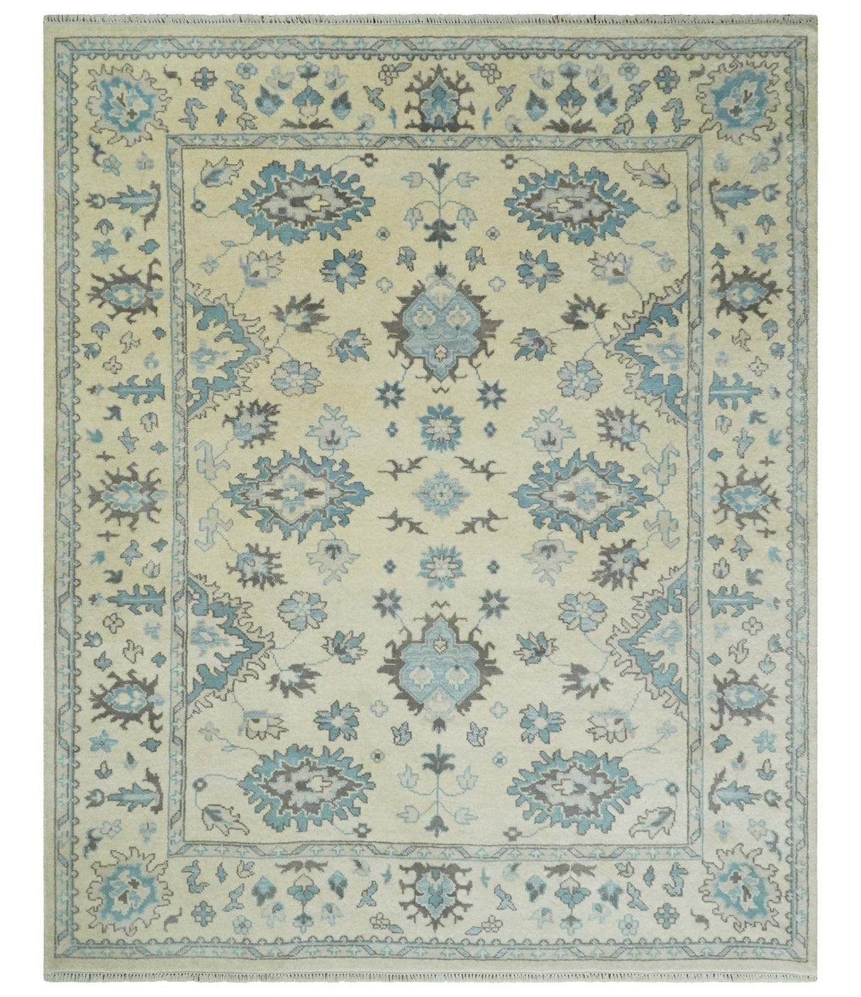 Hand Knotted 8x10 Beige and Blue Antique Oushak Persian Wool Area Rug | TRDCP1147810