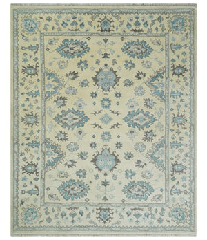 Hand Knotted 8x10 Beige and Blue Antique Oushak Persian Wool Area Rug | TRDCP1147810