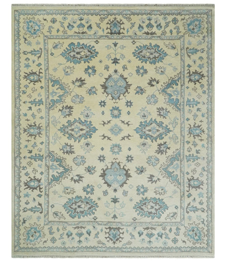 Hand Knotted 8x10 Beige and Blue Antique Oushak Persian Wool Area Rug | TRDCP1147810