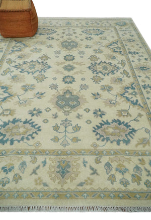 Hand Knotted 8x10 Beige and Gray Antique Oushak Wool Area Rug
