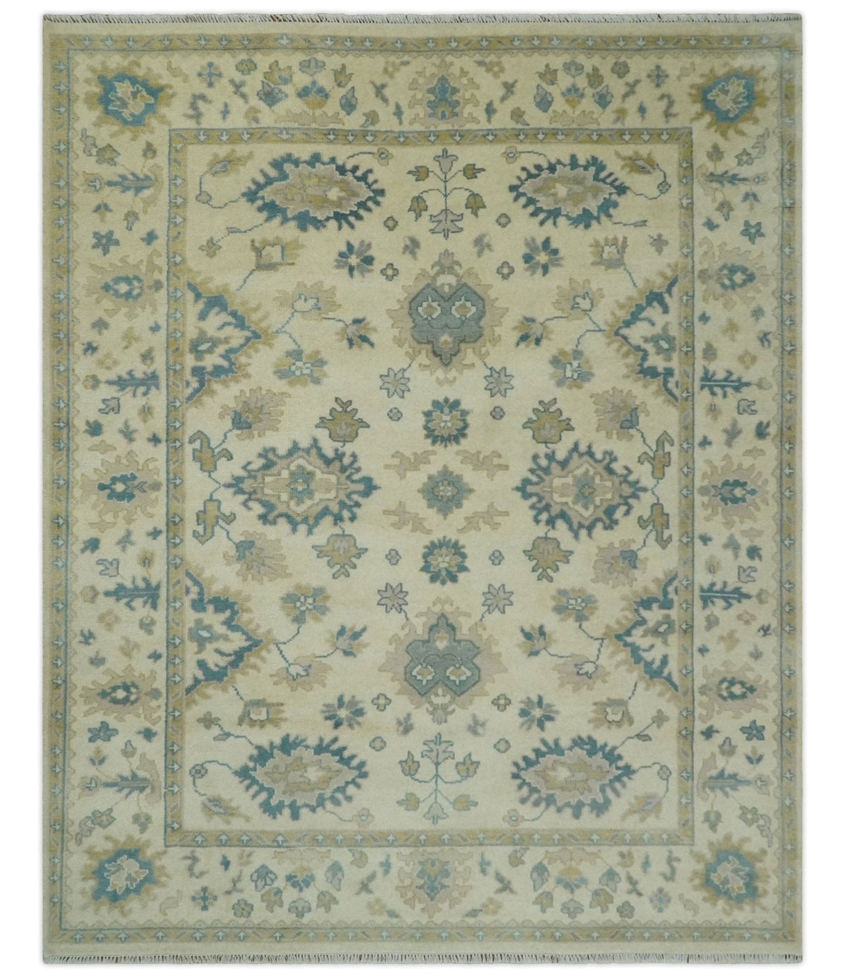 Hand Knotted 8x10 Beige and Gray Antique Oushak Wool Area Rug
