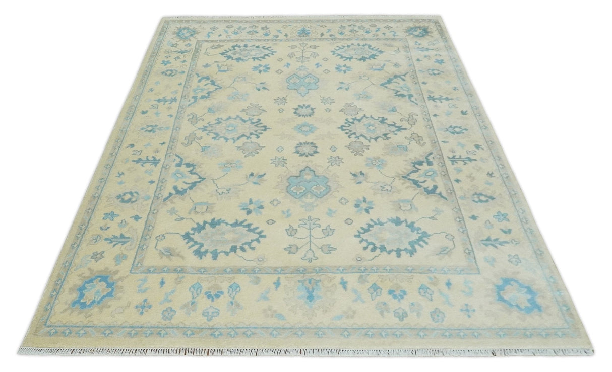 Hand Knotted 8x10 Beige and Teal Antique Oushak Persian Wool Area Rug | TRDCP1183810