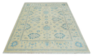 Hand Knotted 8x10 Beige and Teal Antique Oushak Persian Wool Area Rug | TRDCP1183810
