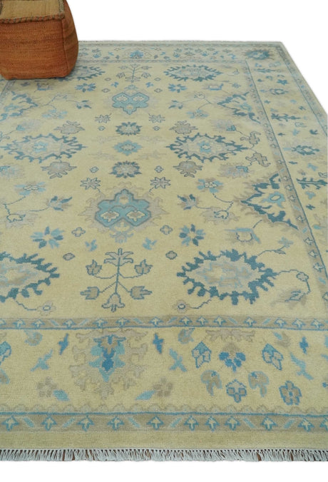 Hand Knotted 8x10 Beige and Teal Antique Oushak Persian Wool Area Rug | TRDCP1183810
