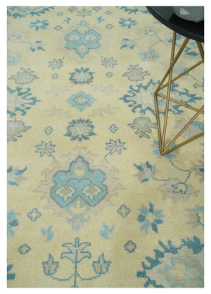Hand Knotted 8x10 Beige and Teal Antique Oushak Persian Wool Area Rug | TRDCP1183810