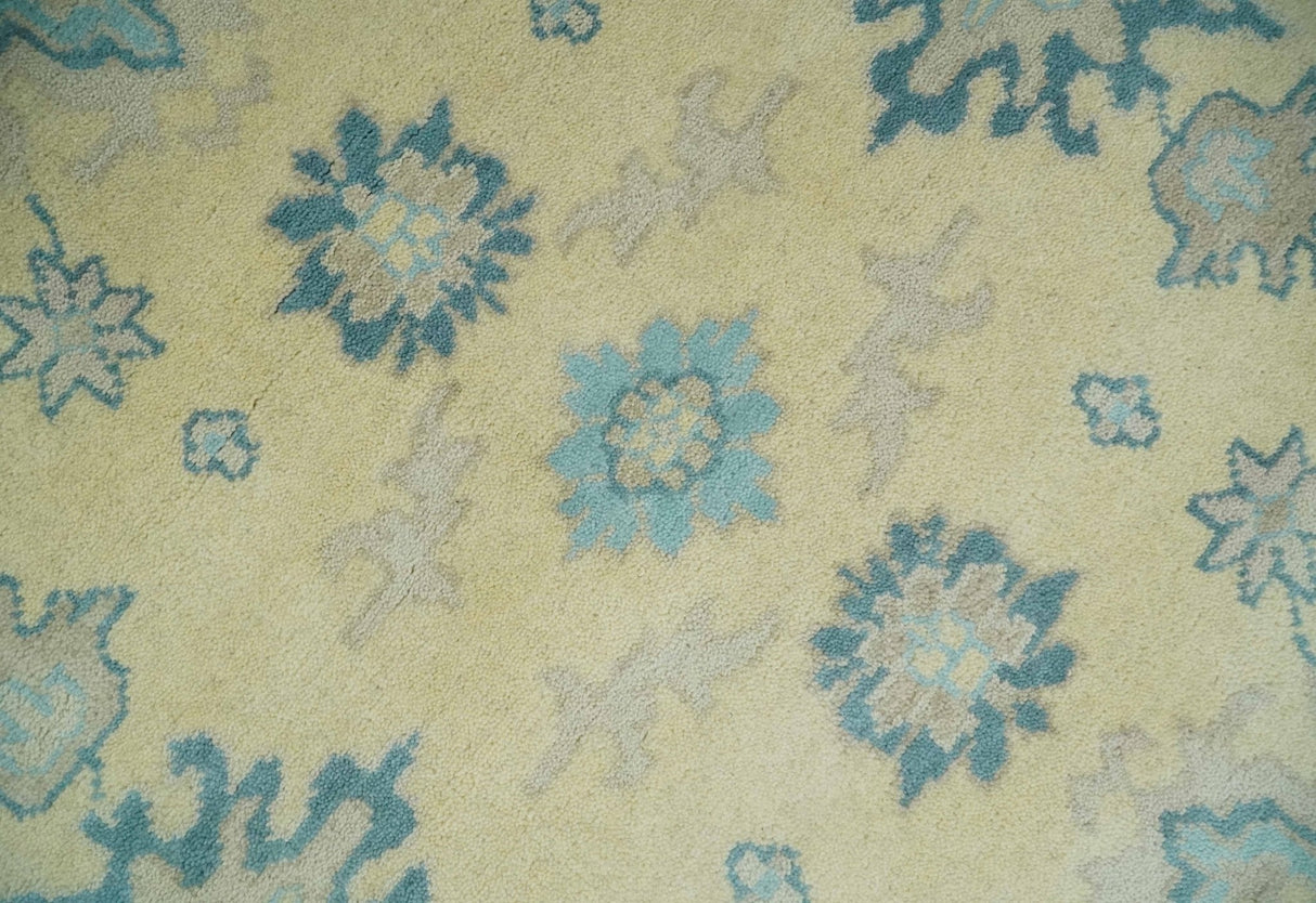 Hand Knotted 8x10 Beige and Teal Antique Oushak Persian Wool Area Rug | TRDCP1183810