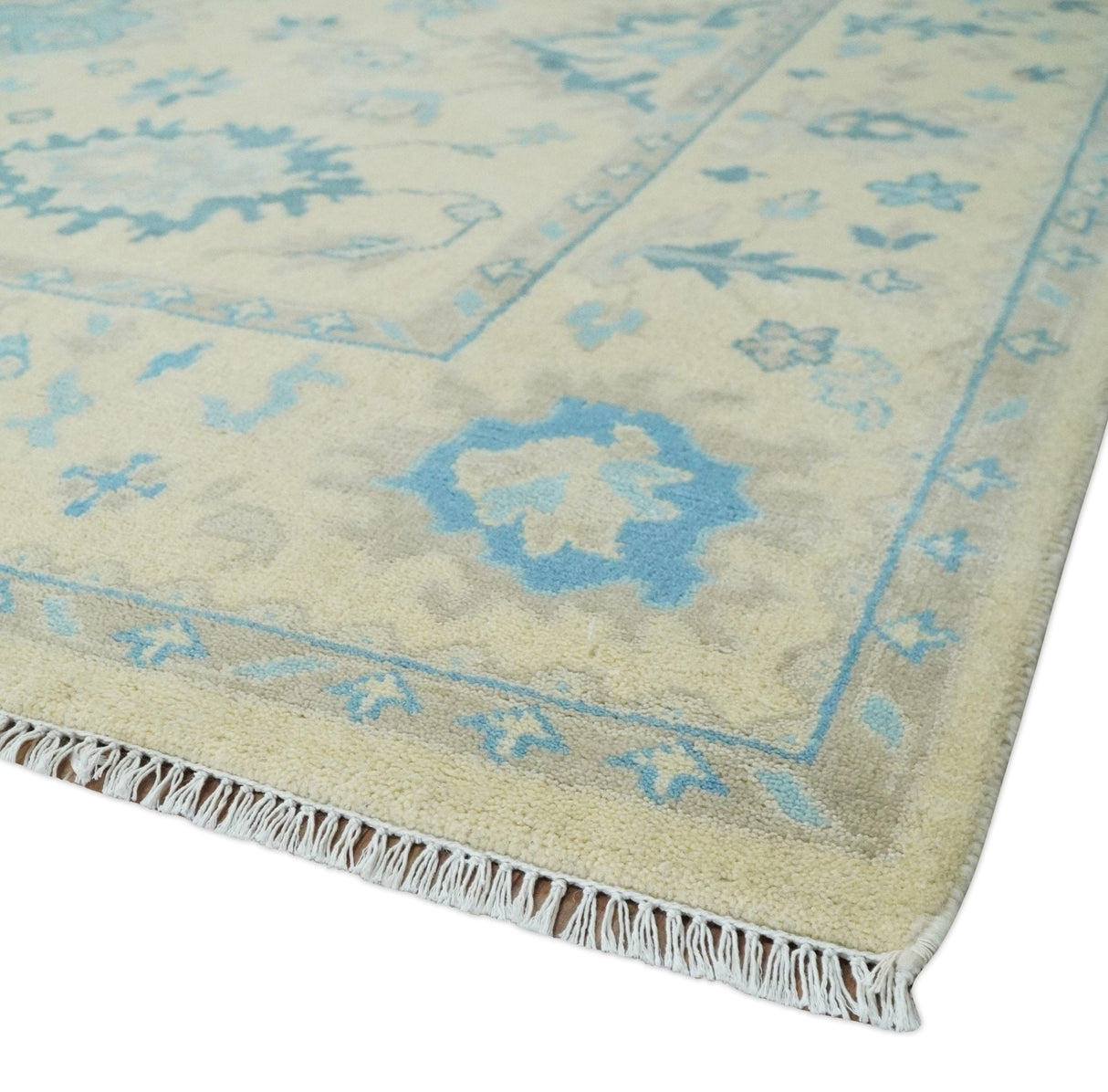 Hand Knotted 8x10 Beige and Teal Antique Oushak Persian Wool Area Rug | TRDCP1183810