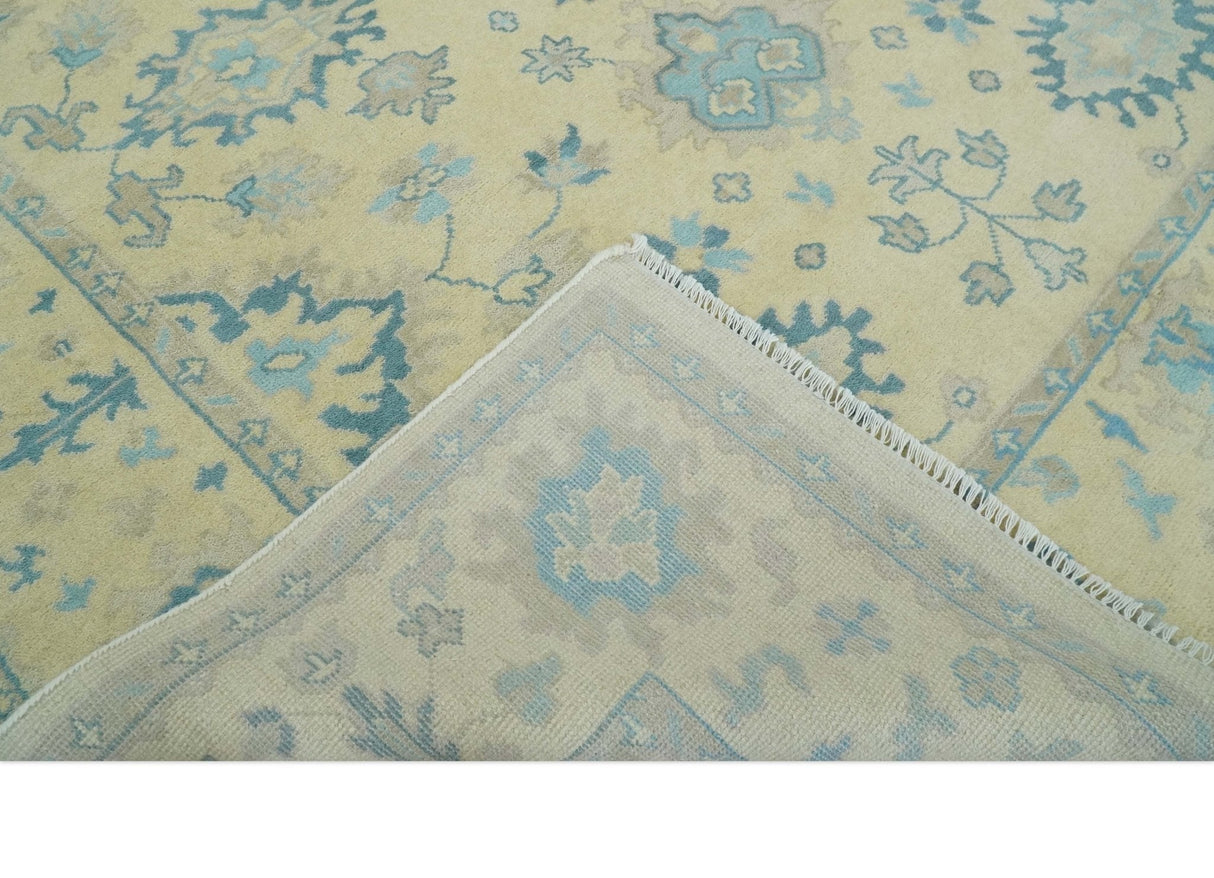 Hand Knotted 8x10 Beige and Teal Antique Oushak Persian Wool Area Rug | TRDCP1183810