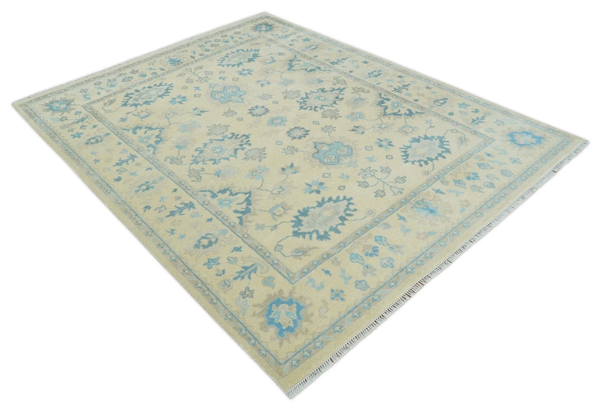 Hand Knotted 8x10 Beige and Teal Antique Oushak Persian Wool Area Rug | TRDCP1183810
