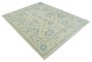 Hand Knotted 8x10 Beige and Teal Antique Oushak Persian Wool Area Rug | TRDCP1183810