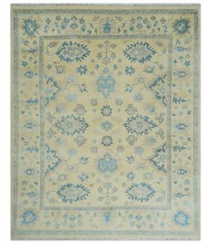 Hand Knotted 8x10 Beige and Teal Antique Oushak Persian Wool Area Rug | TRDCP1183810