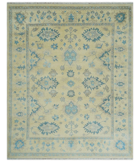 Hand Knotted 8x10 Beige and Teal Antique Oushak Persian Wool Area Rug | TRDCP1183810