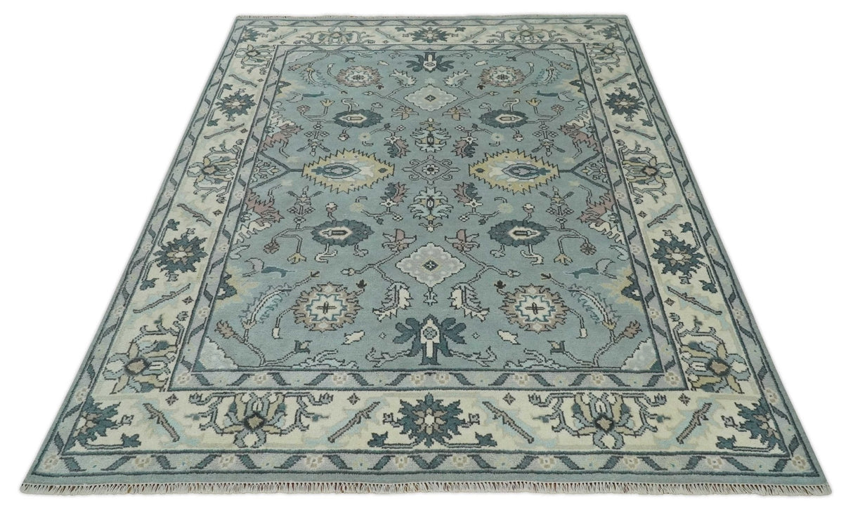 Hand Knotted 8x10 Blue and Ivory Traditional Oushak Persian Wool Area Rug | TRDCP1151810