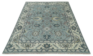 Hand Knotted 8x10 Blue and Ivory Traditional Oushak Persian Wool Area Rug | TRDCP1151810