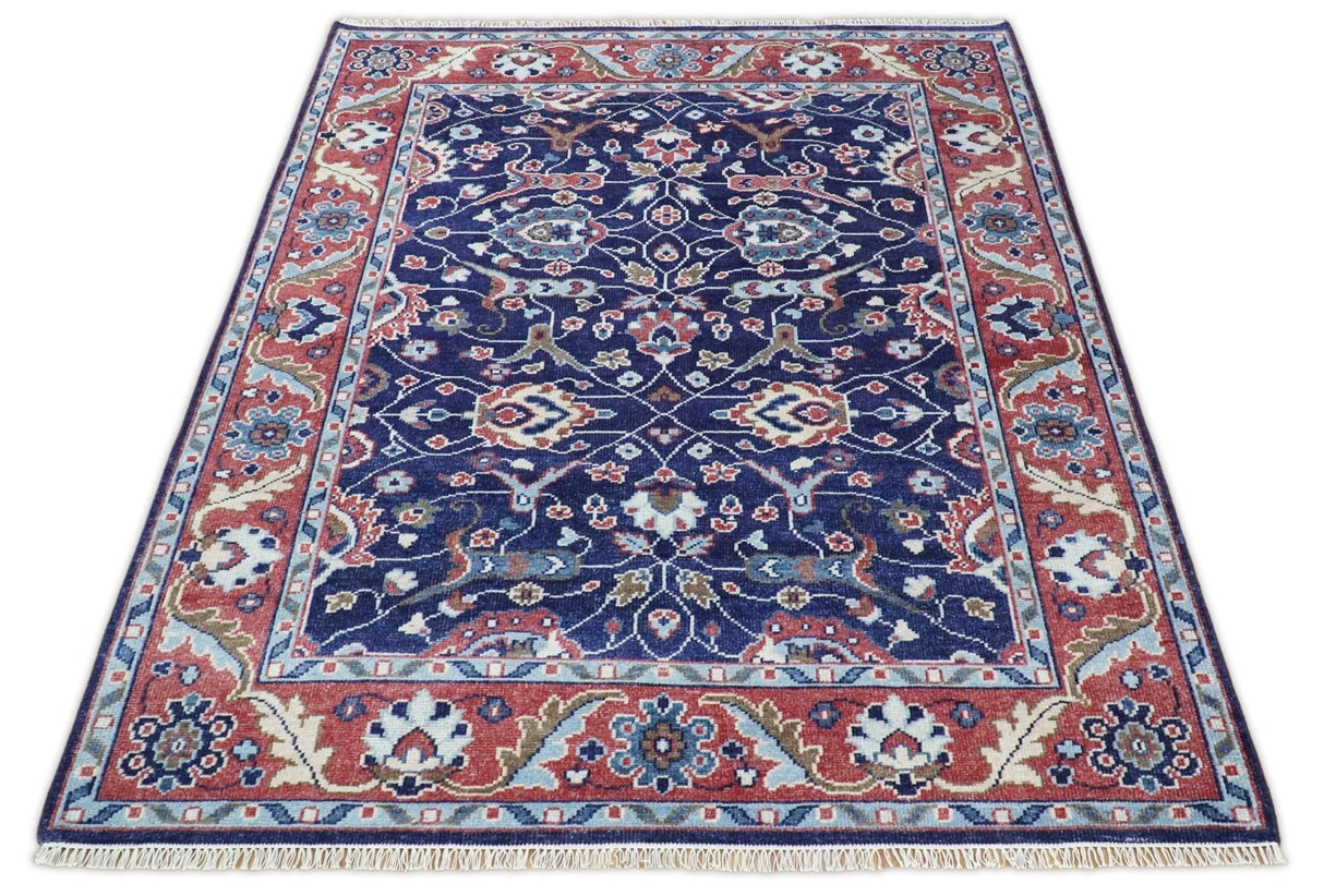 Hand Knotted 8x10 Blue and Rust Traditional Persian Oushak Area Rug | TRD2643