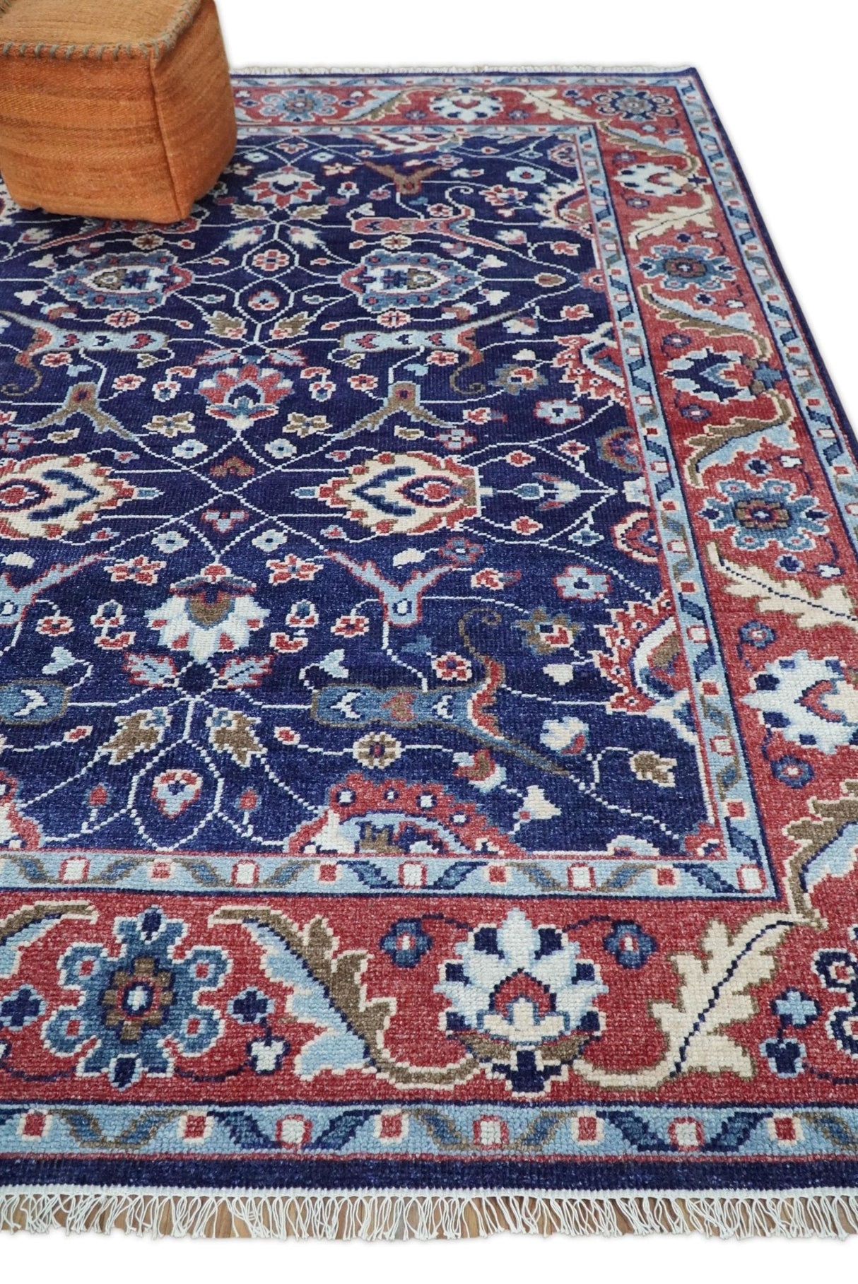 Hand Knotted 8x10 Blue and Rust Traditional Persian Oushak Area Rug | TRD2643