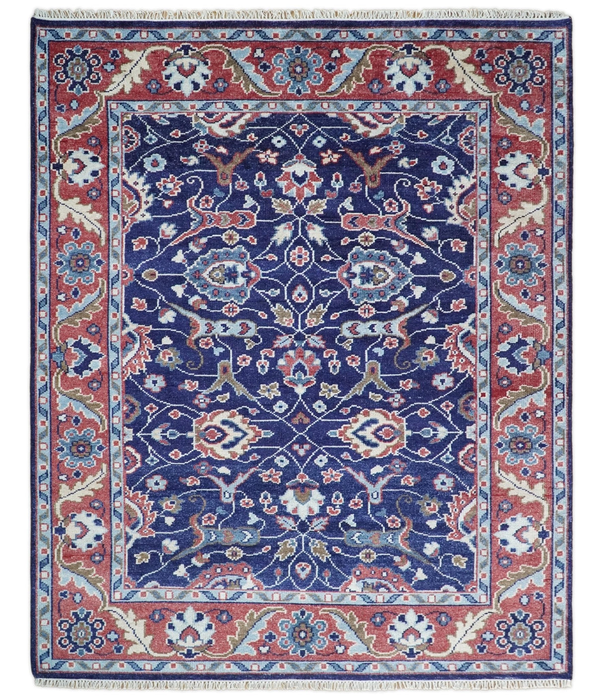 Hand Knotted 8x10 Blue and Rust Traditional Persian Oushak Area Rug | TRD2643