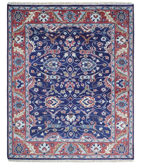 Hand Knotted 8x10 Blue and Rust Traditional Persian Oushak Area Rug | TRD2643