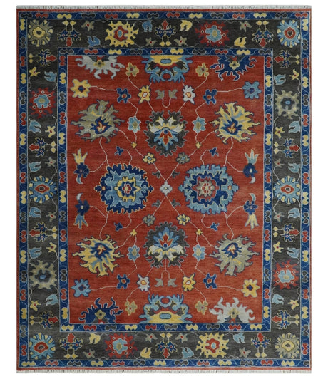 Hand Knotted 8x10 Brown, Blue and Charcoal vibrant colorful Traditional Oushak Wool Area Rug