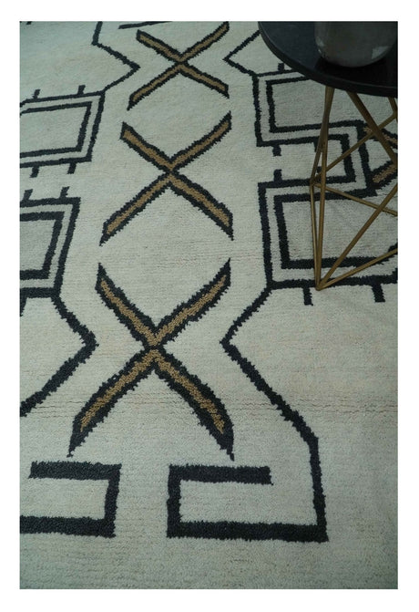 Hand Knotted 8x10 Ivory and Charcoal Wool Traditional Tribal Art Antique South Western Rug | TRDCP1292810