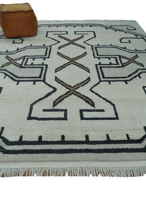 Hand Knotted 8x10 Ivory and Charcoal Wool Traditional Tribal Art Antique South Western Rug | TRDCP1292810