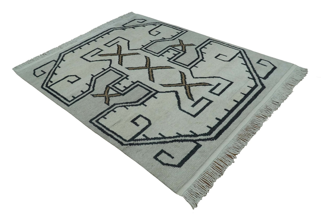 Hand Knotted 8x10 Ivory and Charcoal Wool Traditional Tribal Art Antique South Western Rug | TRDCP1292810
