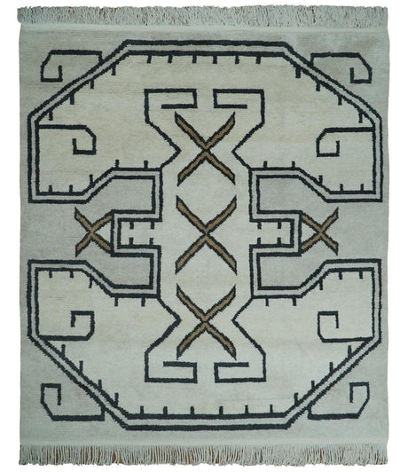 Hand Knotted 8x10 Ivory and Charcoal Wool Traditional Tribal Art Antique South Western Rug | TRDCP1292810