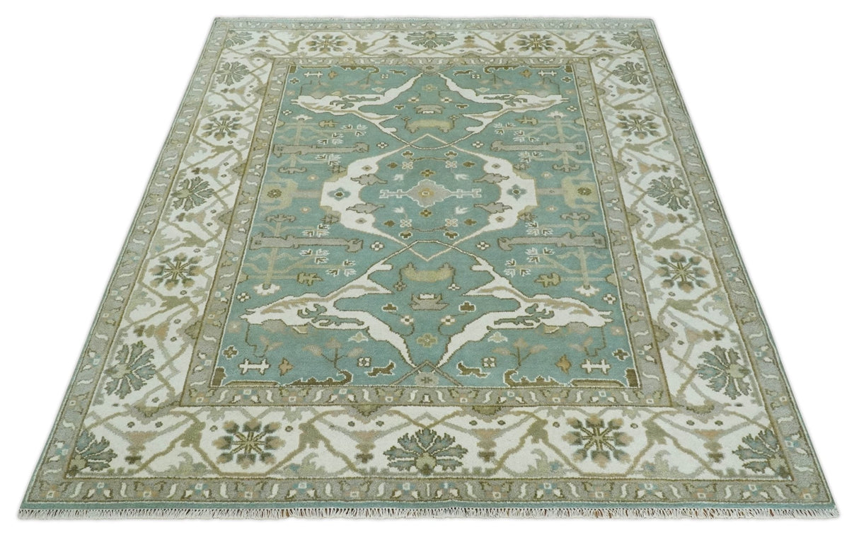 Hand Knotted 8x10 Oriental Oushak Aqua, Ivory and Silver Wool Area Rug | TRDCP1180810