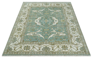 Hand Knotted 8x10 Oriental Oushak Aqua, Ivory and Silver Wool Area Rug | TRDCP1180810