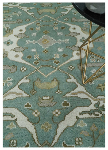Hand Knotted 8x10 Oriental Oushak Aqua, Ivory and Silver Wool Area Rug | TRDCP1180810
