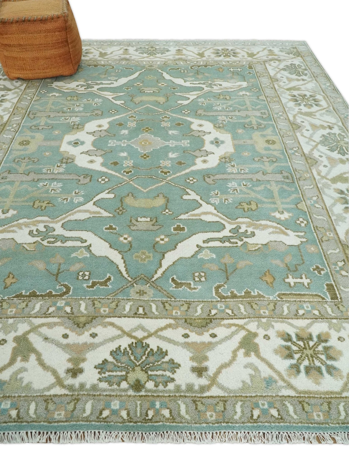 Hand Knotted 8x10 Oriental Oushak Aqua, Ivory and Silver Wool Area Rug | TRDCP1180810