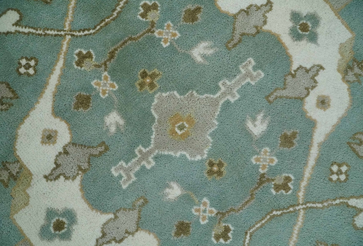 Hand Knotted 8x10 Oriental Oushak Aqua, Ivory and Silver Wool Area Rug | TRDCP1180810