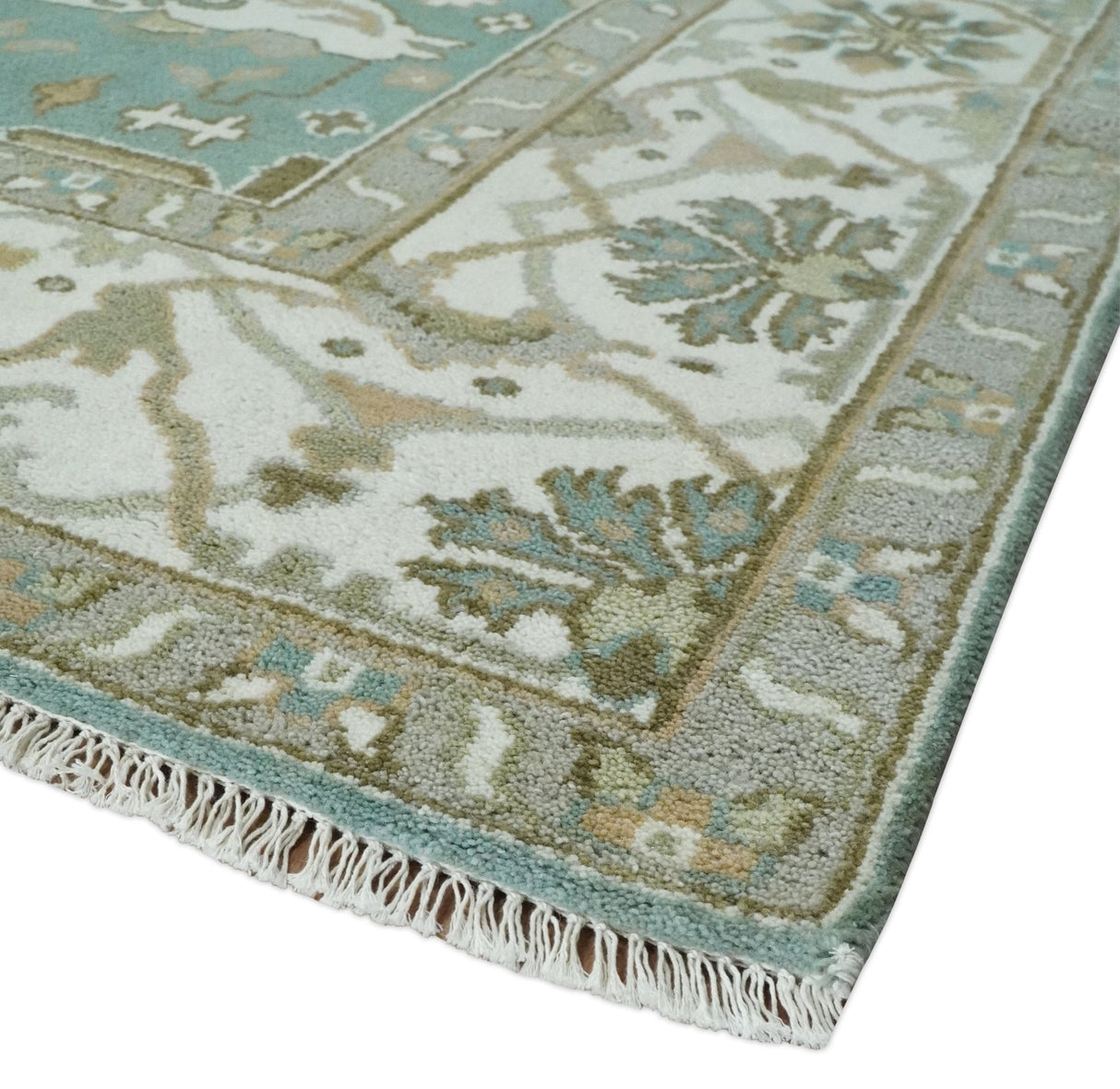 Hand Knotted 8x10 Oriental Oushak Aqua, Ivory and Silver Wool Area Rug | TRDCP1180810