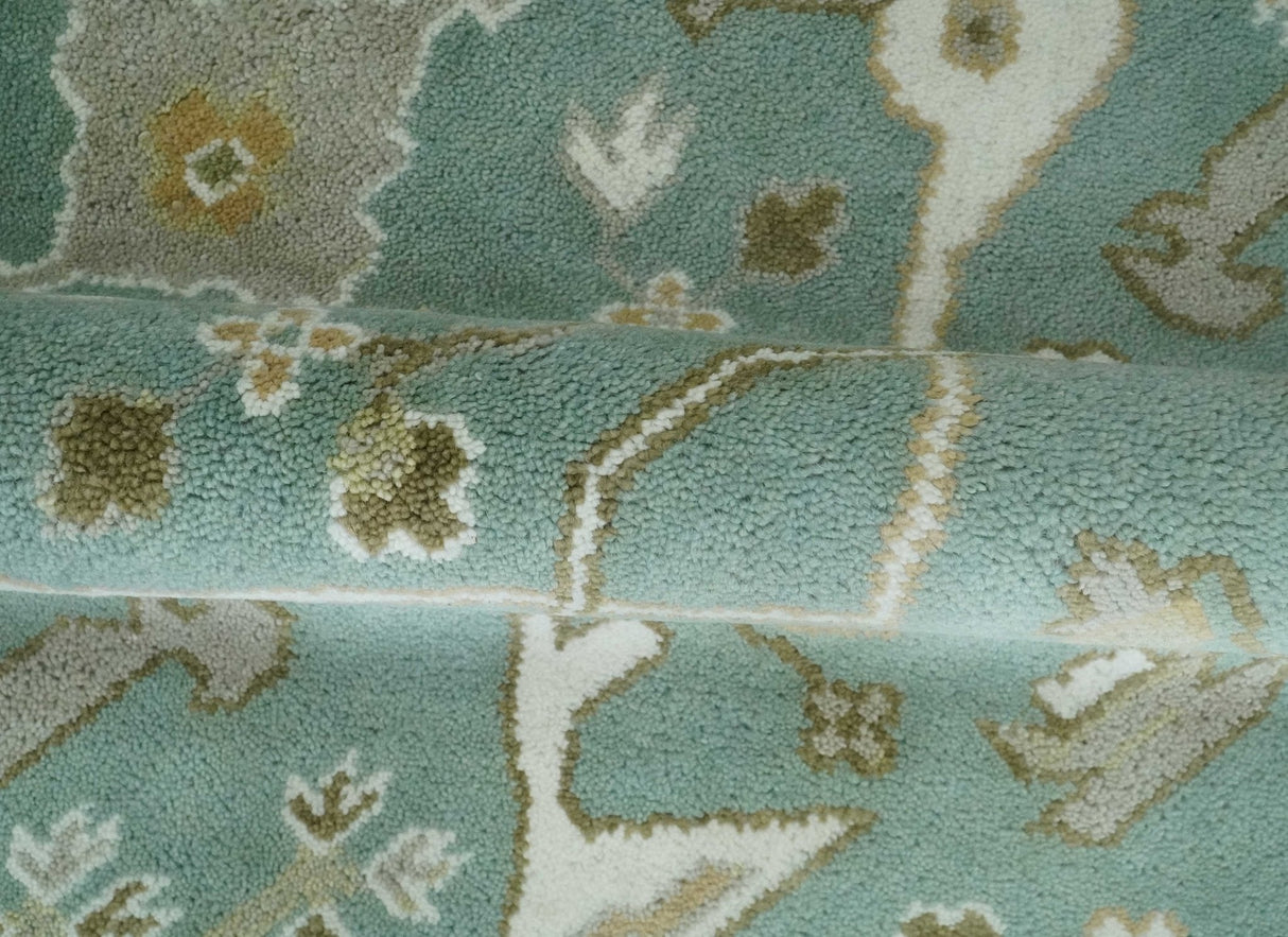 Hand Knotted 8x10 Oriental Oushak Aqua, Ivory and Silver Wool Area Rug | TRDCP1180810