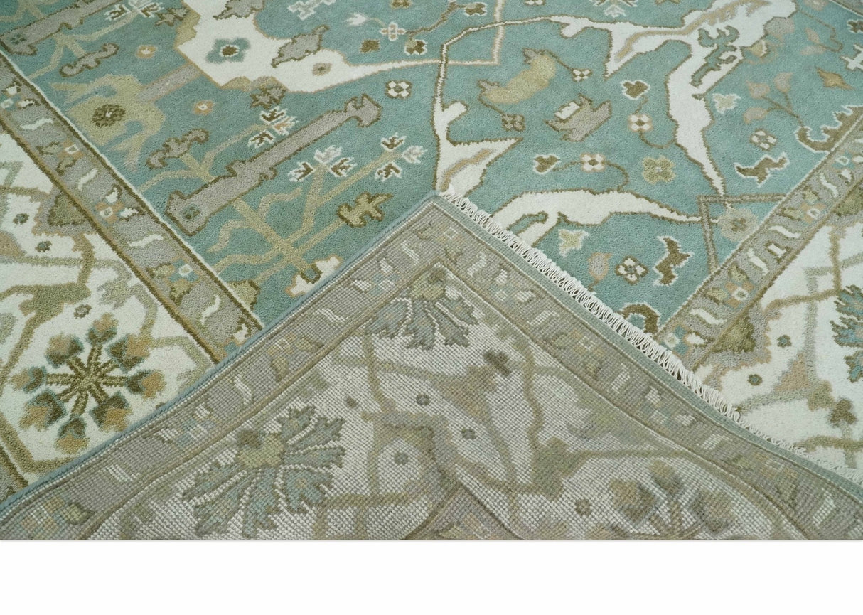 Hand Knotted 8x10 Oriental Oushak Aqua, Ivory and Silver Wool Area Rug | TRDCP1180810