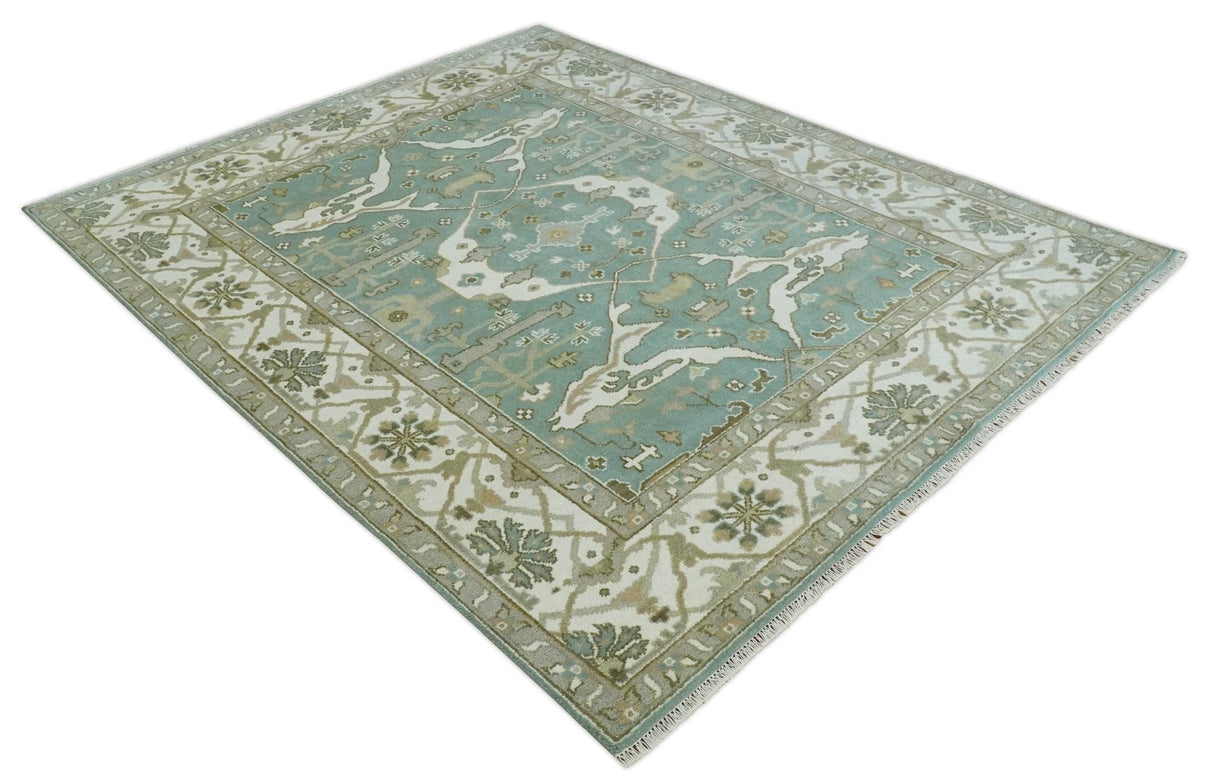 Hand Knotted 8x10 Oriental Oushak Aqua, Ivory and Silver Wool Area Rug | TRDCP1180810