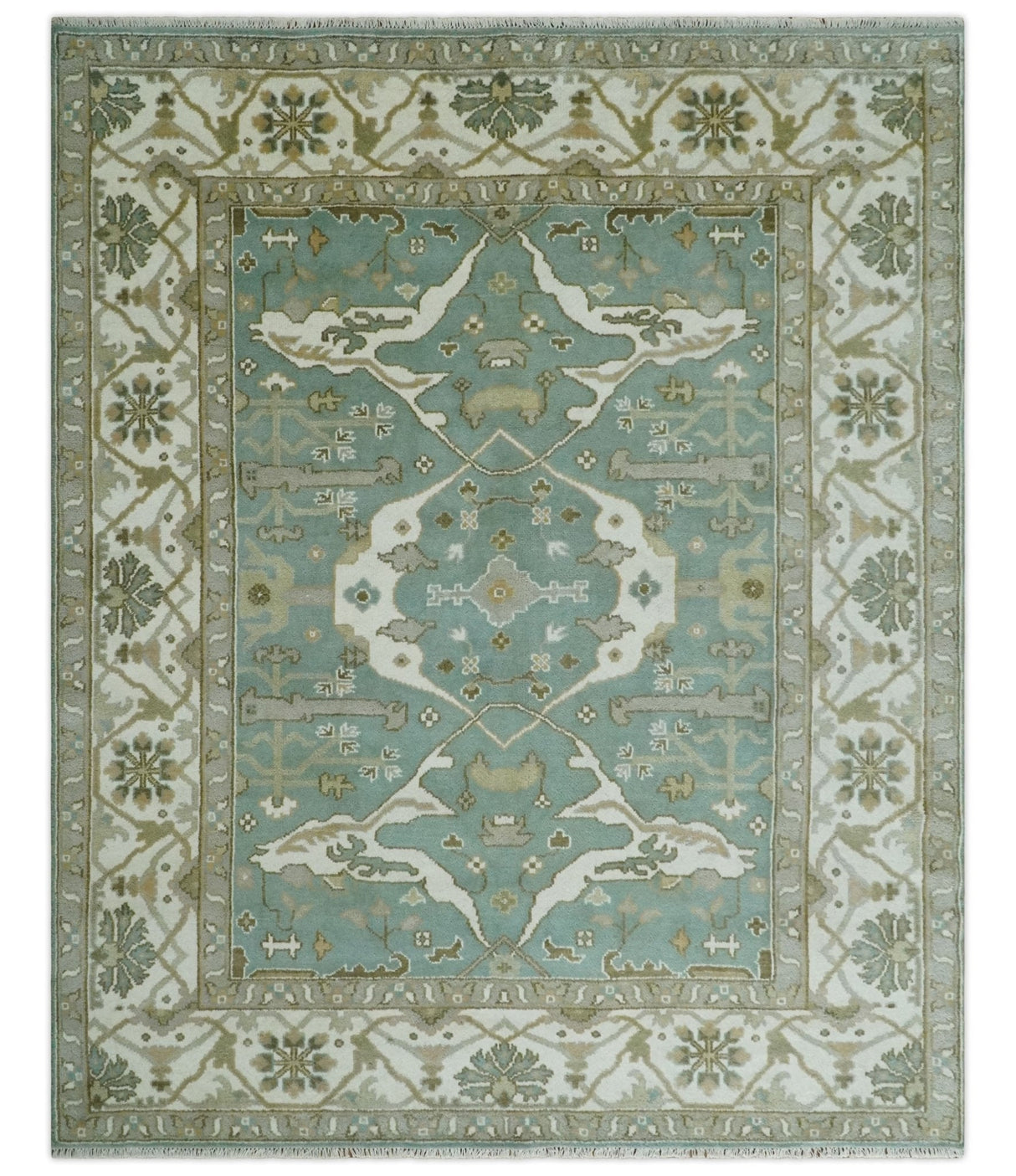 Hand Knotted 8x10 Oriental Oushak Aqua, Ivory and Silver Wool Area Rug | TRDCP1180810