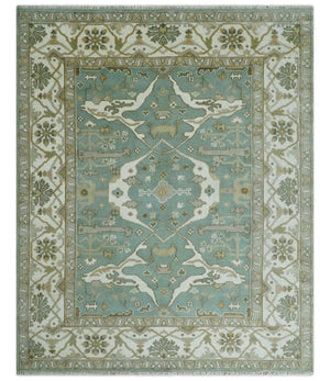 Hand Knotted 8x10 Oriental Oushak Aqua, Ivory and Silver Wool Area Rug | TRDCP1180810