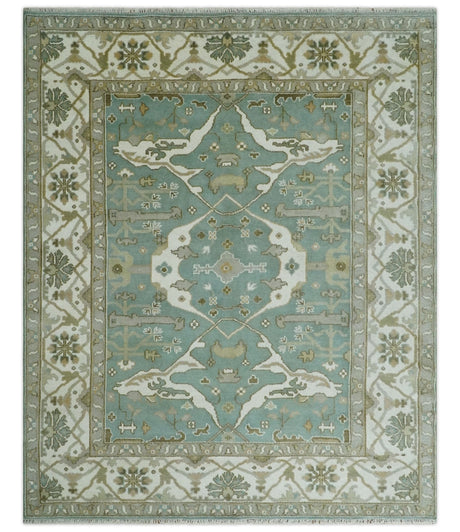 Hand Knotted 8x10 Oriental Oushak Aqua, Ivory and Silver Wool Area Rug | TRDCP1180810
