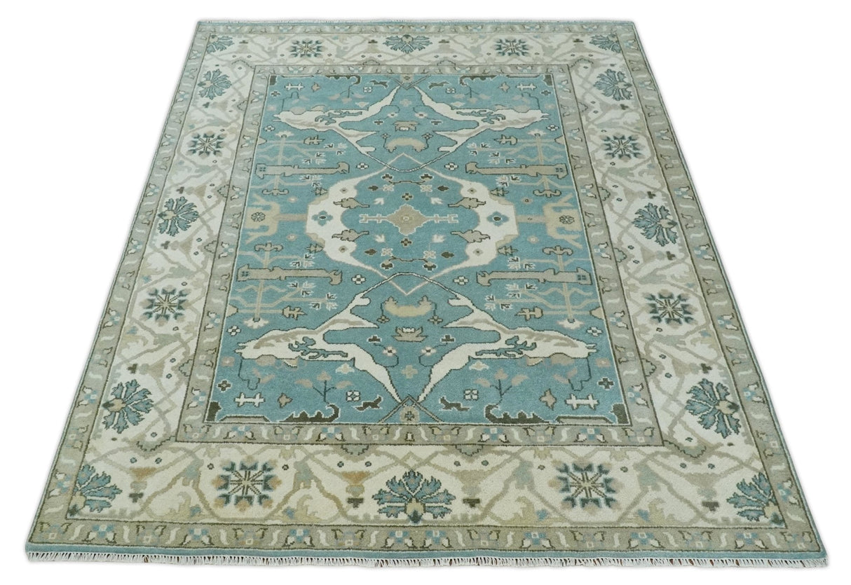 Hand Knotted 8x10 Oriental Oushak Aqua, Ivory and Silver Wool Area Rug | TRDCP1199810