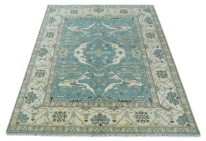Hand Knotted 8x10 Oriental Oushak Aqua, Ivory and Silver Wool Area Rug | TRDCP1199810