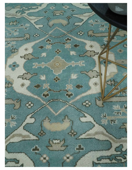 Hand Knotted 8x10 Oriental Oushak Aqua, Ivory and Silver Wool Area Rug | TRDCP1199810