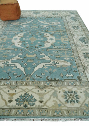 Hand Knotted 8x10 Oriental Oushak Aqua, Ivory and Silver Wool Area Rug | TRDCP1199810