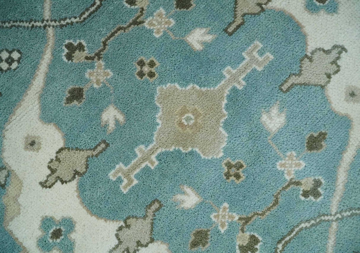 Hand Knotted 8x10 Oriental Oushak Aqua, Ivory and Silver Wool Area Rug | TRDCP1199810