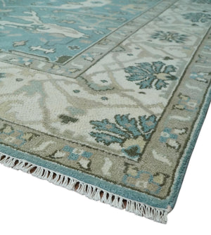 Hand Knotted 8x10 Oriental Oushak Aqua, Ivory and Silver Wool Area Rug | TRDCP1199810