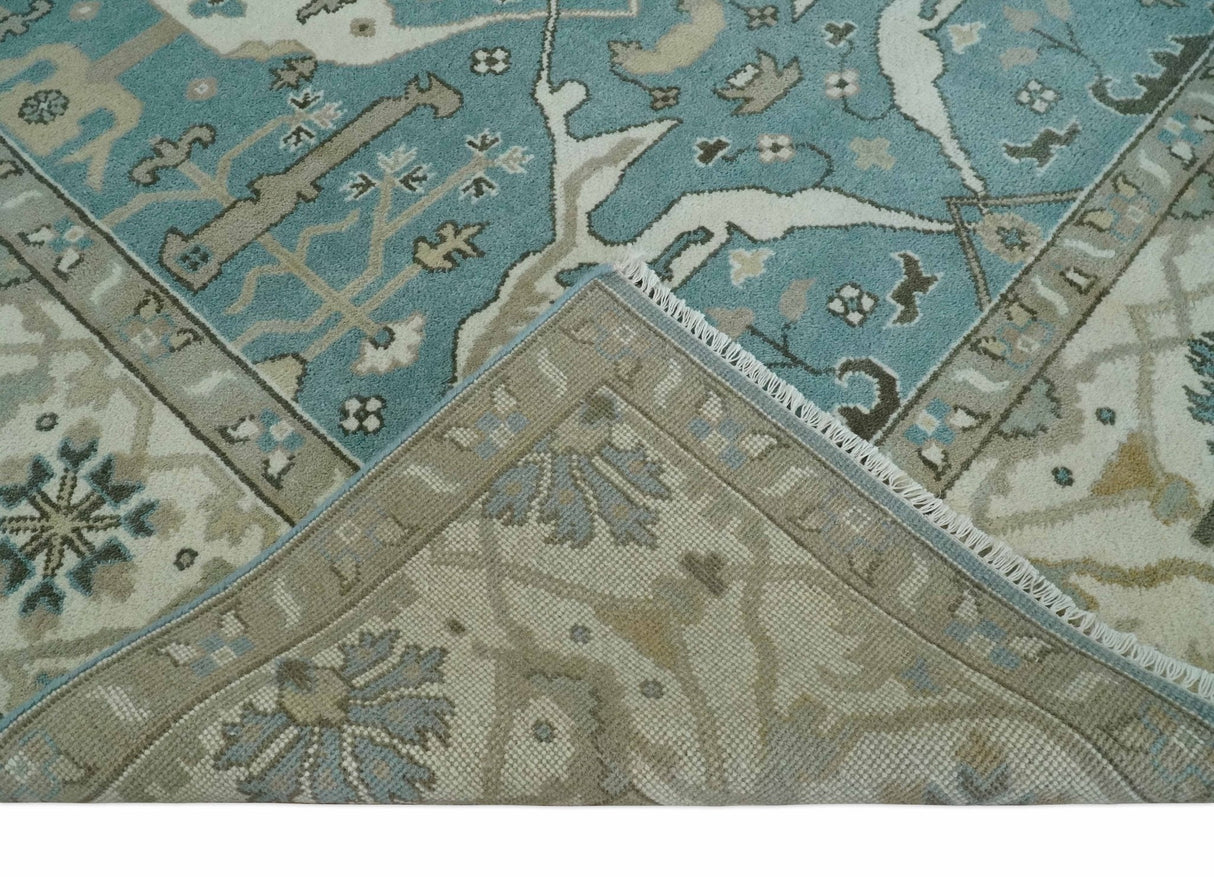 Hand Knotted 8x10 Oriental Oushak Aqua, Ivory and Silver Wool Area Rug | TRDCP1199810