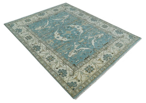 Hand Knotted 8x10 Oriental Oushak Aqua, Ivory and Silver Wool Area Rug | TRDCP1199810
