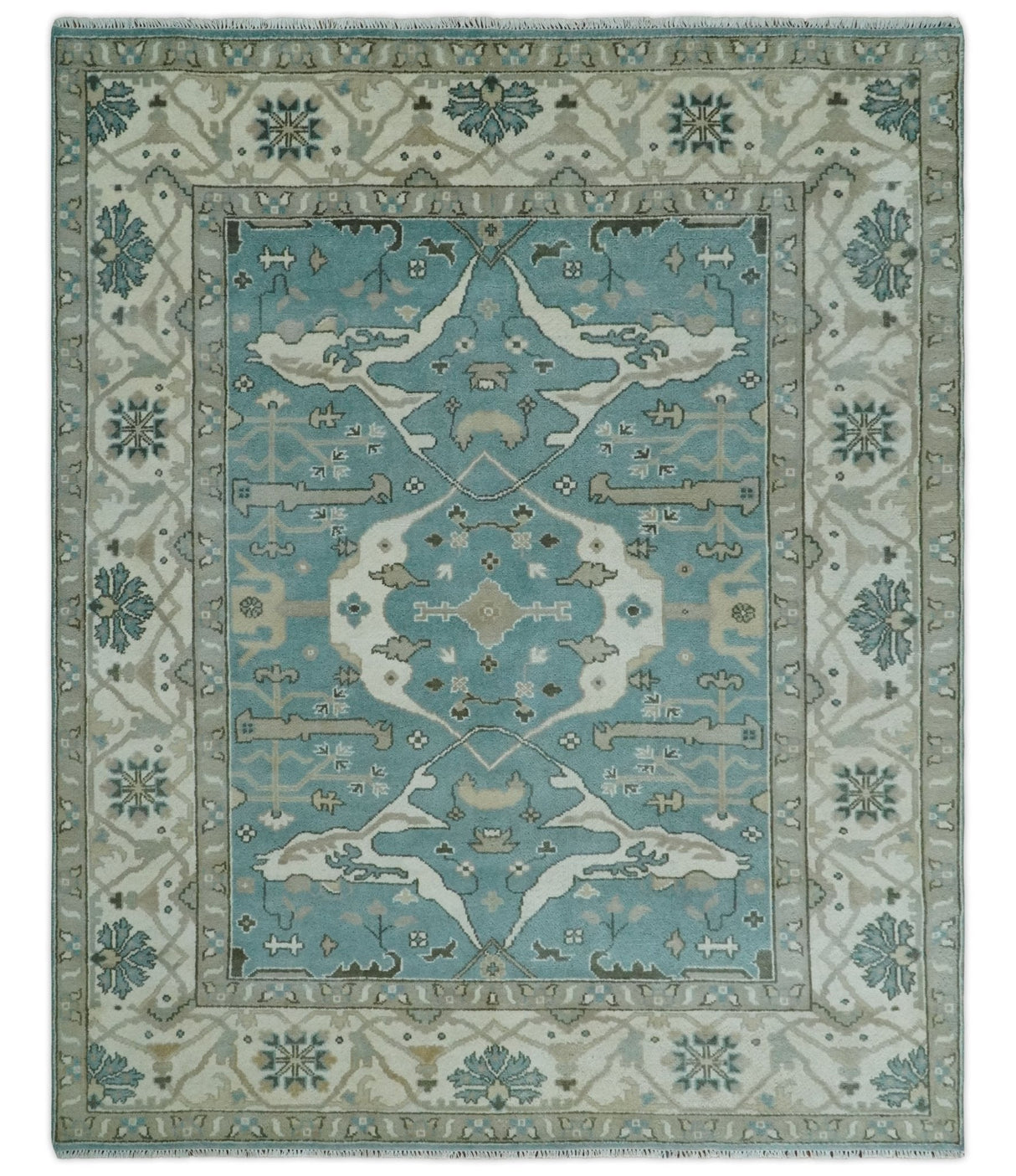 Hand Knotted 8x10 Oriental Oushak Aqua, Ivory and Silver Wool Area Rug | TRDCP1199810