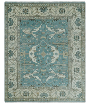 Hand Knotted 8x10 Oriental Oushak Aqua, Ivory and Silver Wool Area Rug | TRDCP1199810