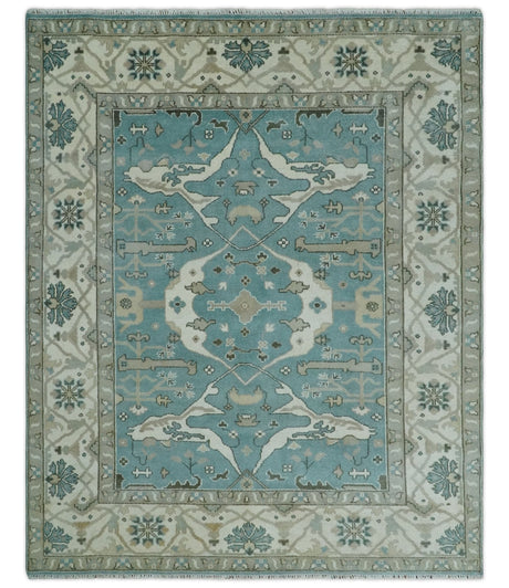 Hand Knotted 8x10 Oriental Oushak Aqua, Ivory and Silver Wool Area Rug | TRDCP1199810